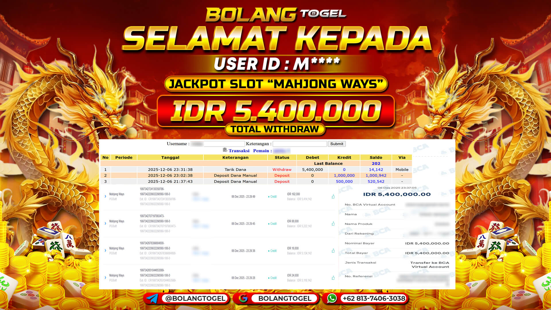 Bukti jackpot SLOT MAHJONG WAYS BOLANGTOGEL - gambar 1